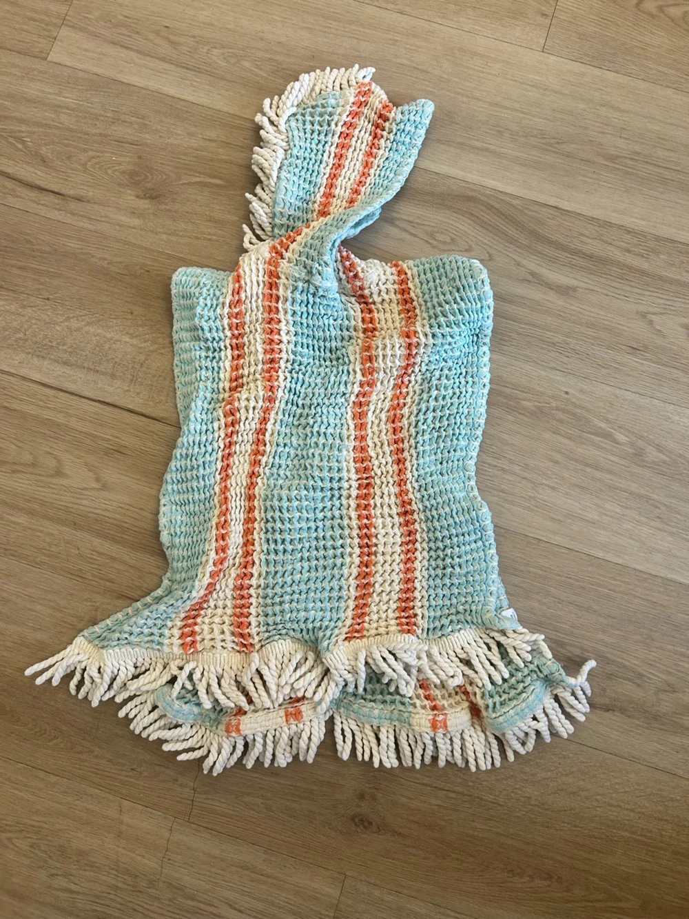 Aqua and Coral Striped hooded Beach towel with Ivory Fringe